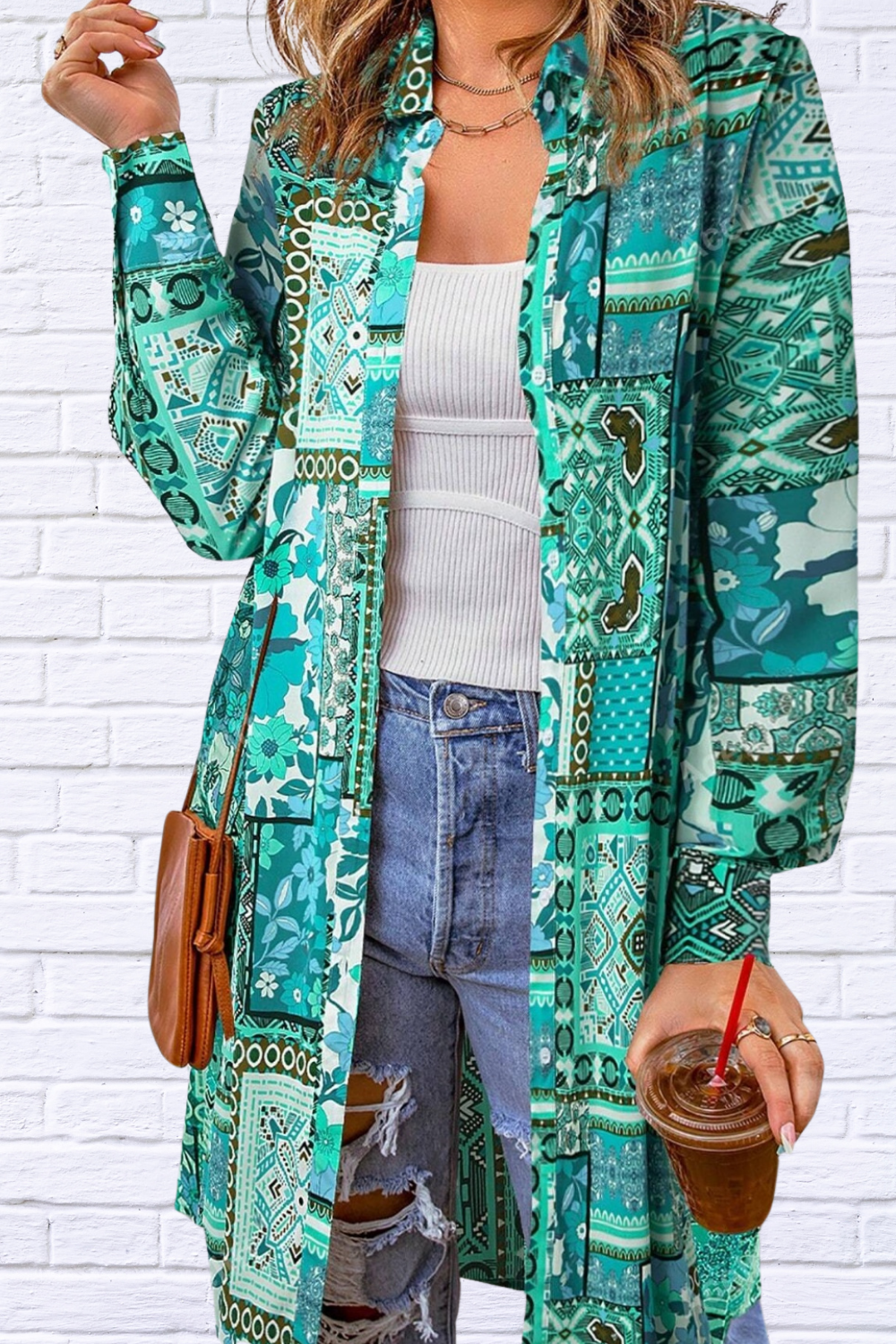Printed Button Up Long Sleeve Top Turquoise