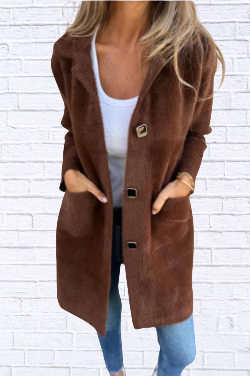 Full Size Button-Down Long Sleeve Longline Coat Plus Size Brown