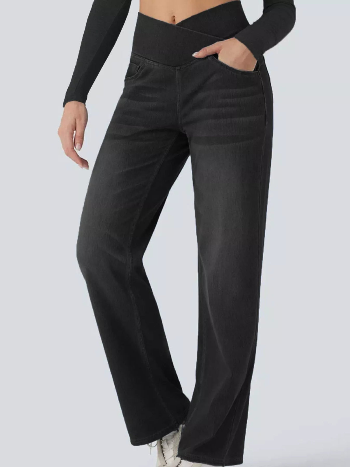 High Waisted Stretch Jeans with Crossover Waist | Straight Leg