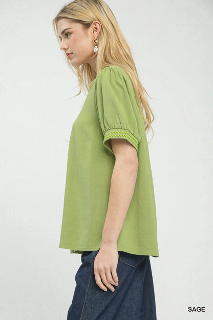 Umgee Embroidery Linen Puff Sleeve Blouse