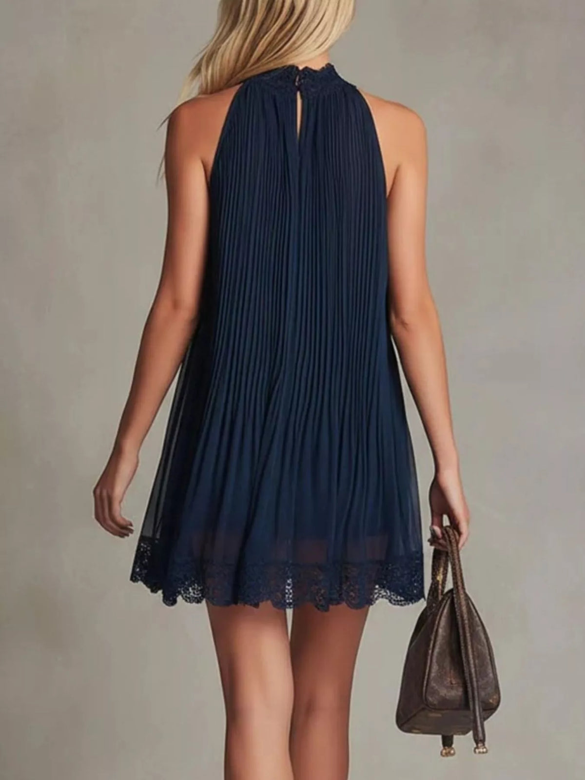 Pleated Lace Trim Sleeveless Mini Dress