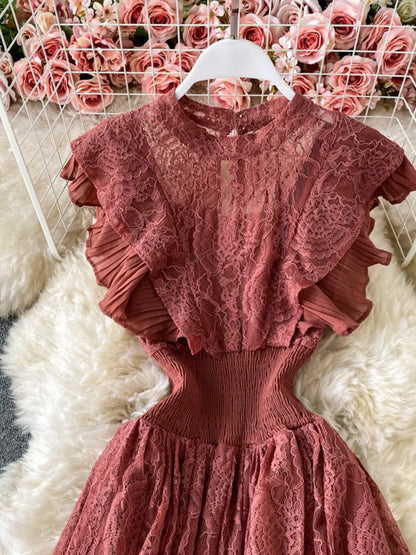 Ruffled Mock Neck Lace Maxi Dress