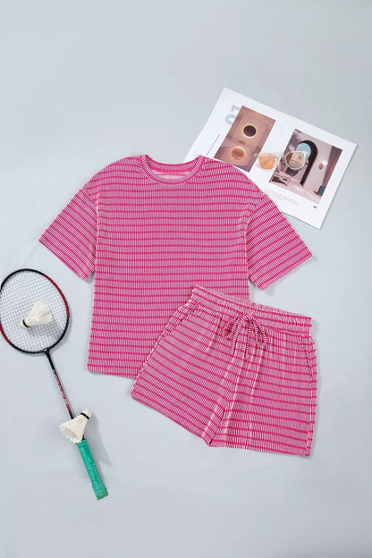 Stripe Raised Rib Loose Tee Drawstring Elastic Waist 2pcs Short Set