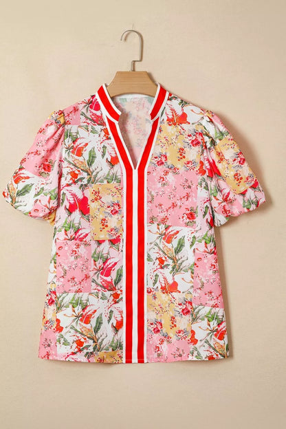 Contrast Collared V Neck Short Sleeve Floral Blouse