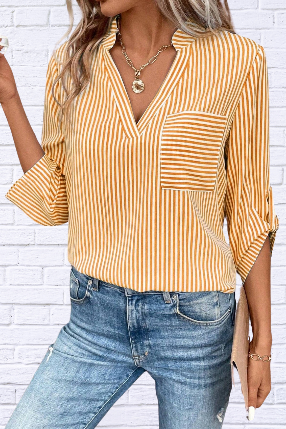 Striped Notched Roll-Tab Sleeve Shirt