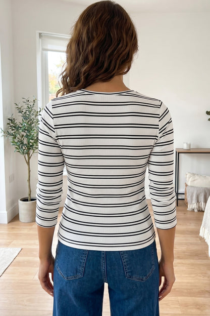 Beige Stripe Ribbed Knit Round Neck Long Sleeve Top