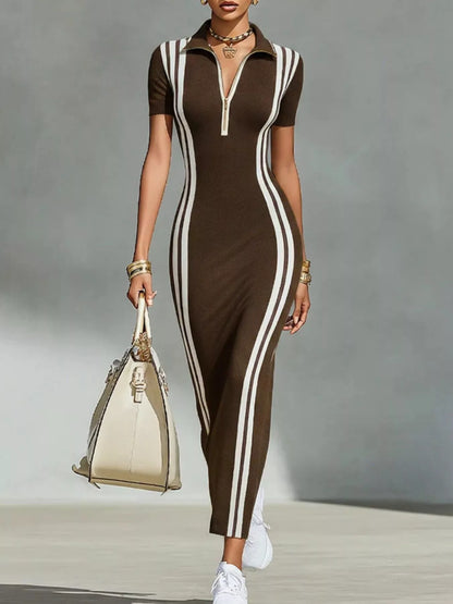 Full Size Contrast Stripes Short Sleeve Midi Dress Plus Size