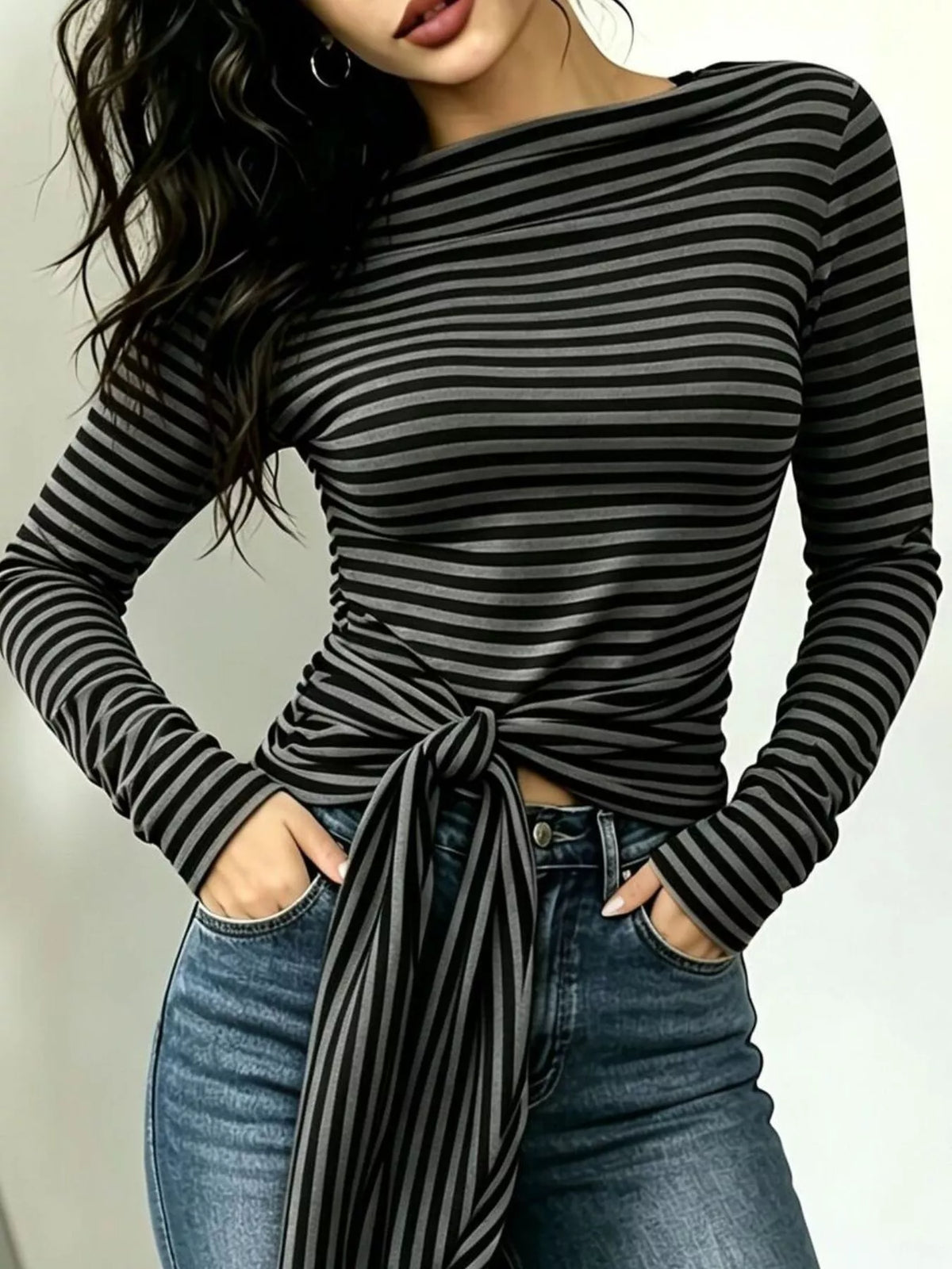 Long Sleeve Striped T-Shirt with Front Tie Detail