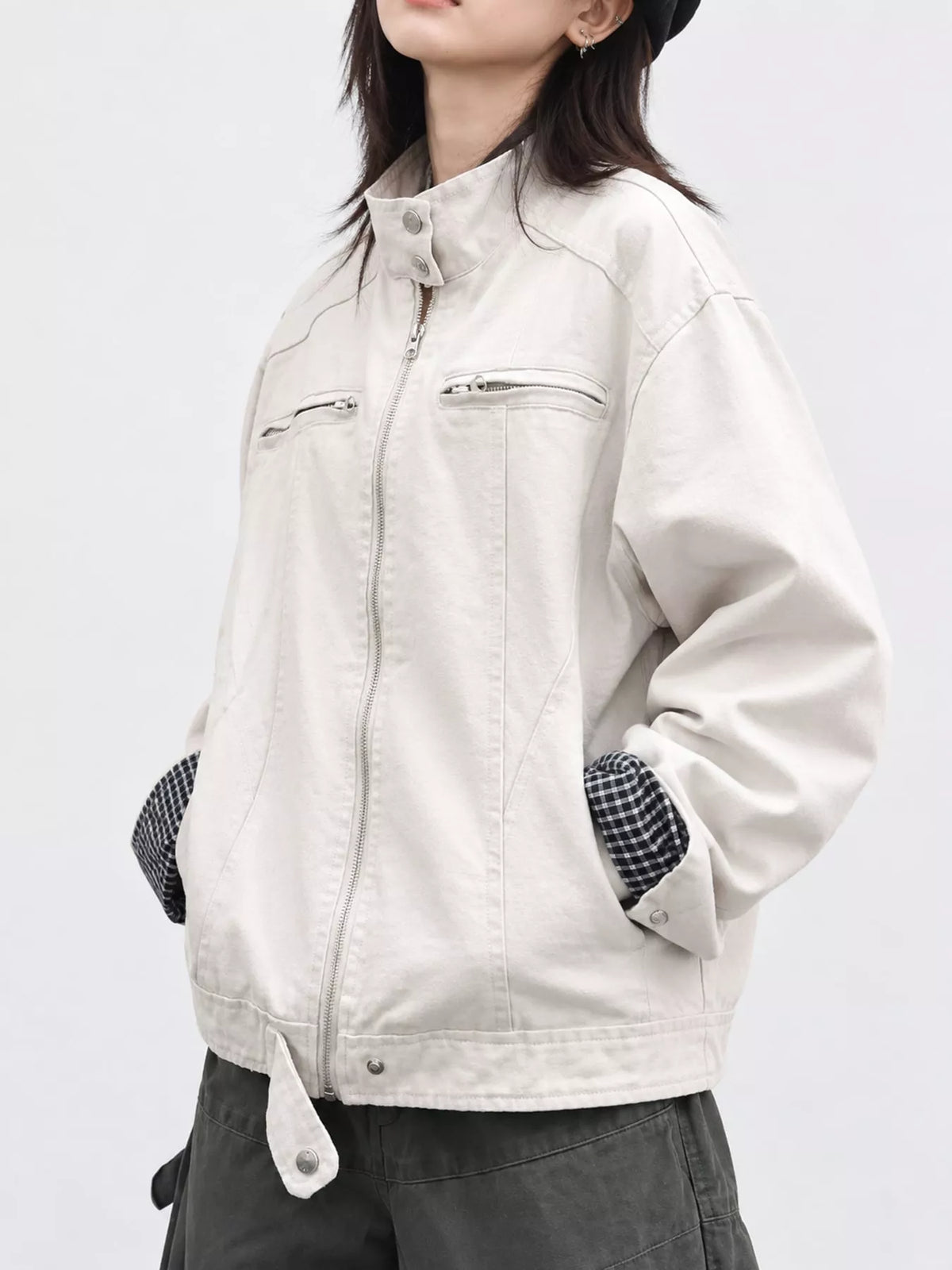 Contrast Plaid Cuffs Zip Up Jacket
