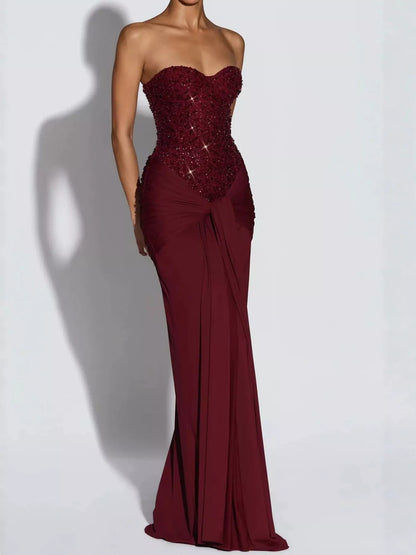 Elegant Strapless Sequin Corset Maxi Dress with Draped Waist Detail