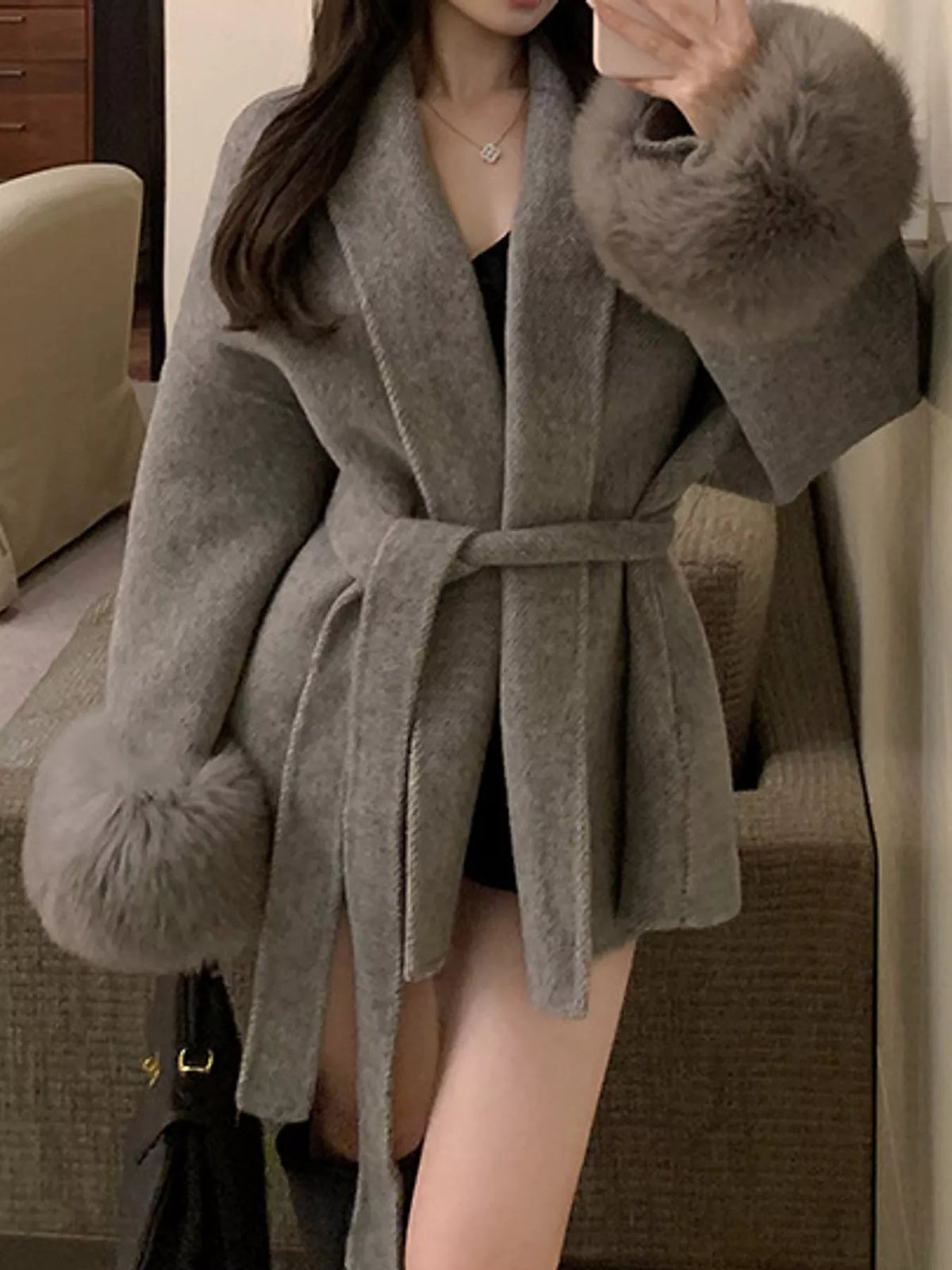 Waist Tie Outerwear with Faux Fur Cuffs
