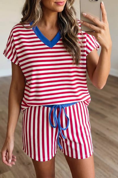 Stripe Colorblock Trim V Neck Tee Drawstring Elastic Waist Shorts Set