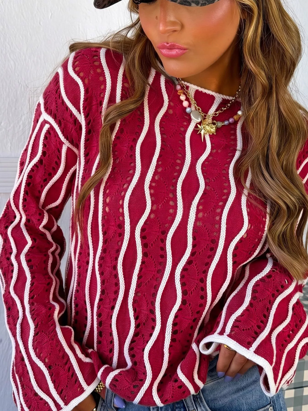 Wavy Detail Hollow Out Knit Long Sleeve Cotton Pullover Sweater
