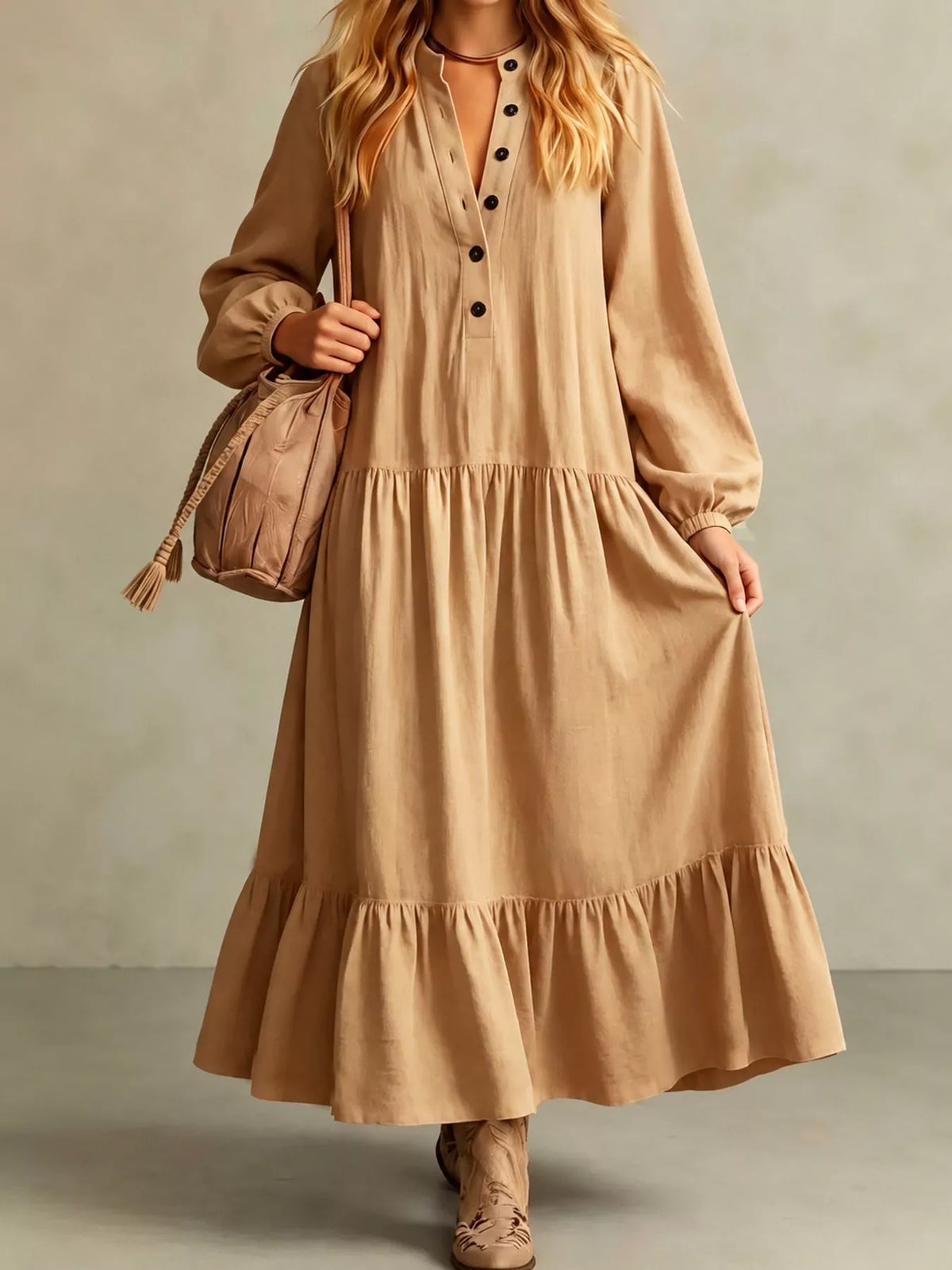 Button Front Tiered Maxi Dress