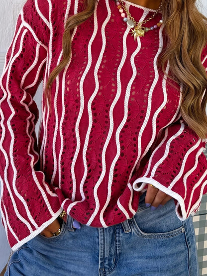 Wavy Detail Hollow Out Knit Long Sleeve Cotton Pullover Sweater