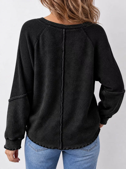 Waffle Knit Raglan Sleeve Sweatshirt