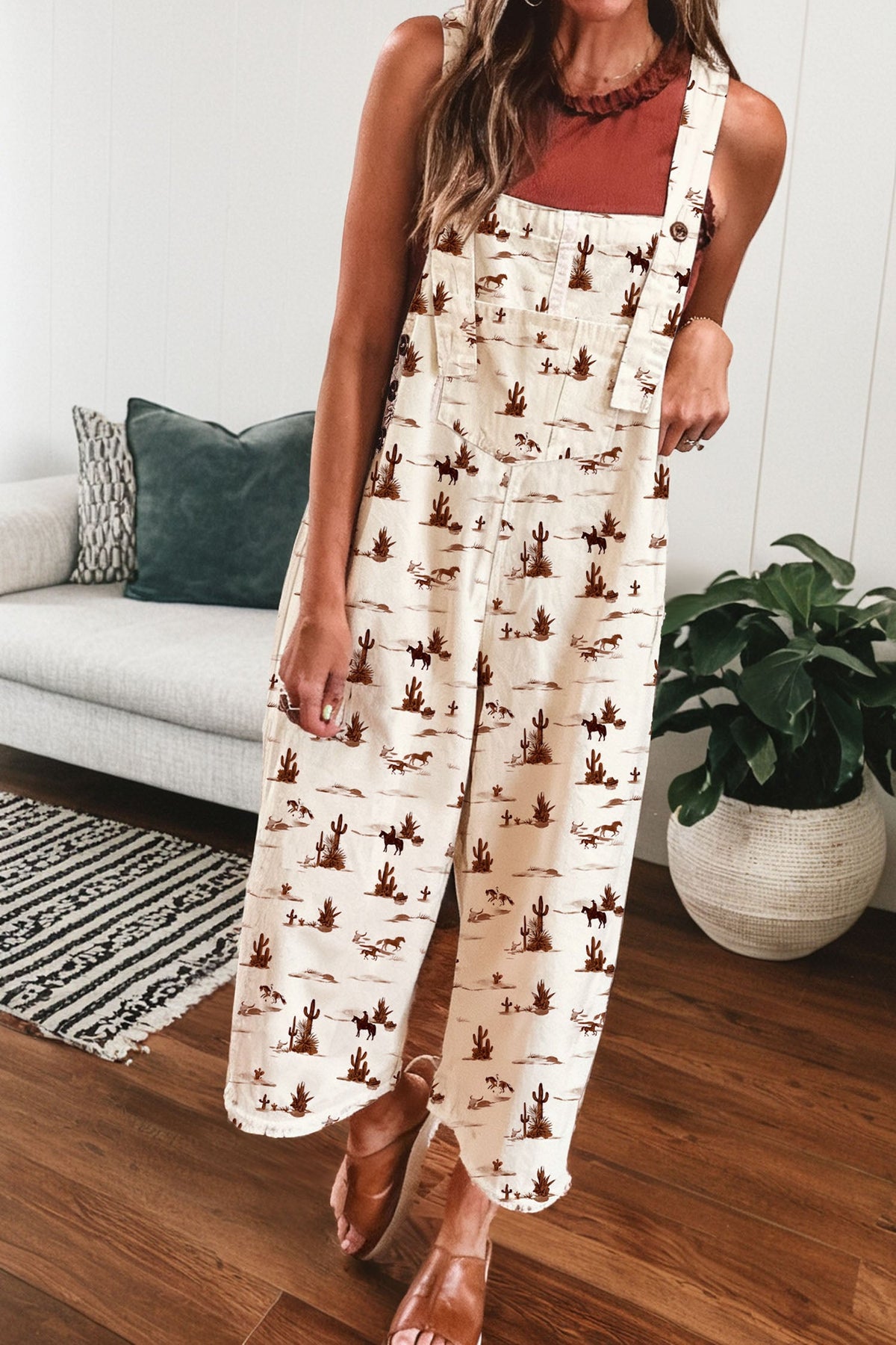 Beige Western Printed Button Adjustable Straps Loose Jumpsuit Dungarees