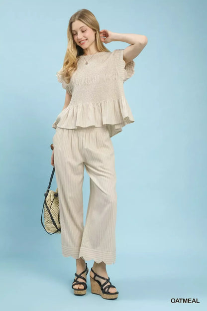 Umgee Pinstripe Smocked Peplum Top