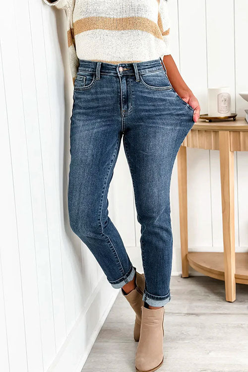 Distressed High Rise Stretchy Denim Pants DeepBlue