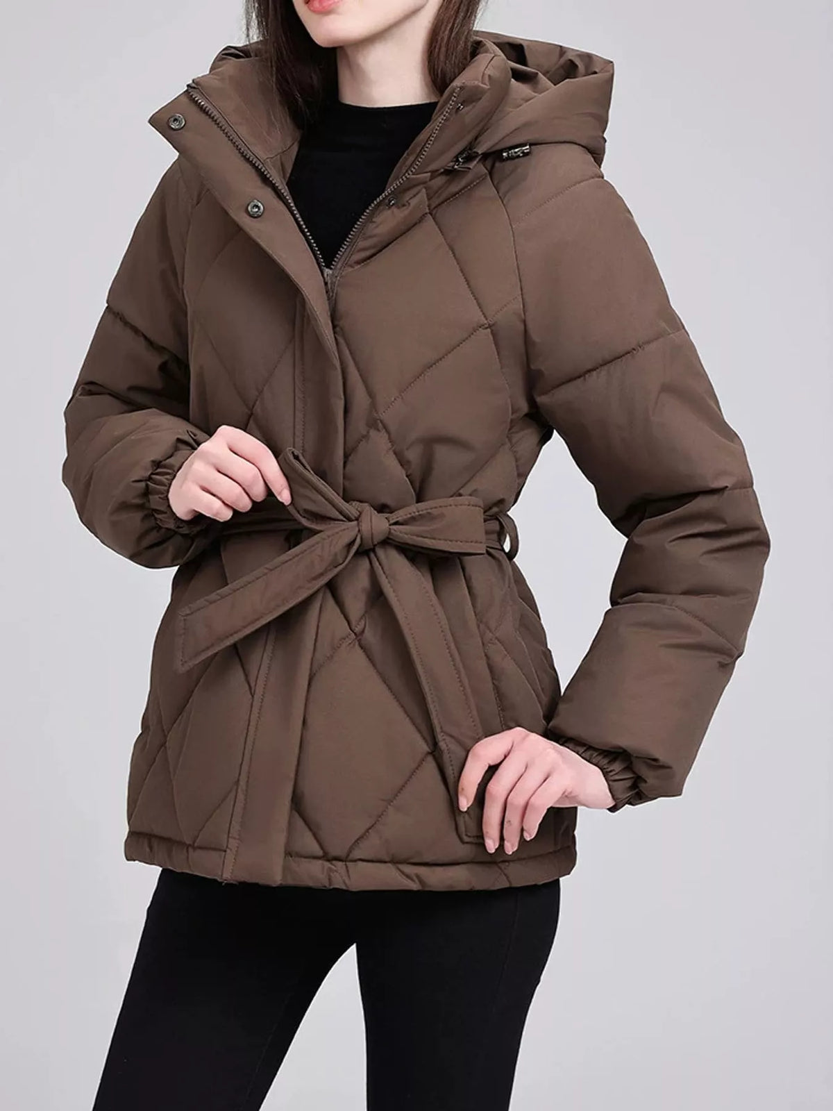 Quilted Waist Belt Hooded Puffer Outerwear