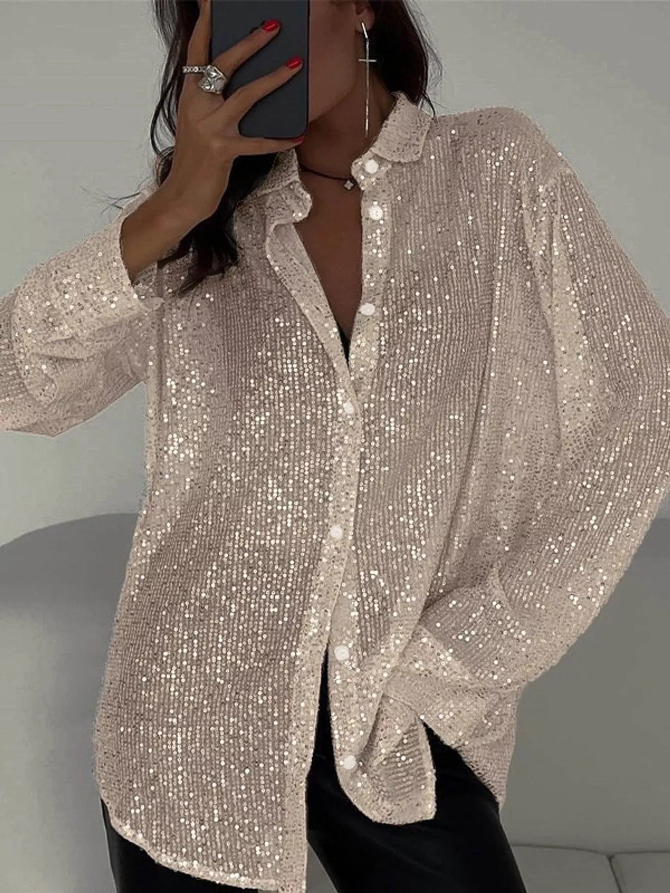 Full Size Sequin Button-Down Shirt Plus Size