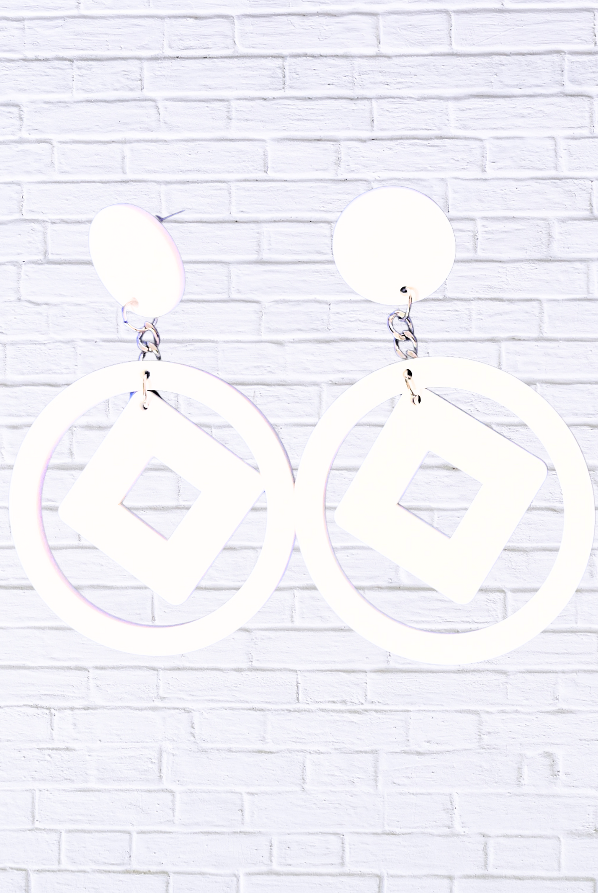Modern Geometric Circle & Square Drop Earrings – White Statement Fashion Jewelry White