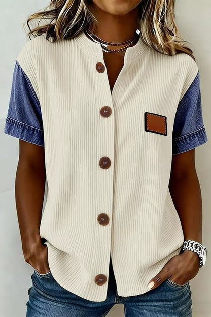 Ribbed Knit Button-Down Shirt with Denim Sleeves