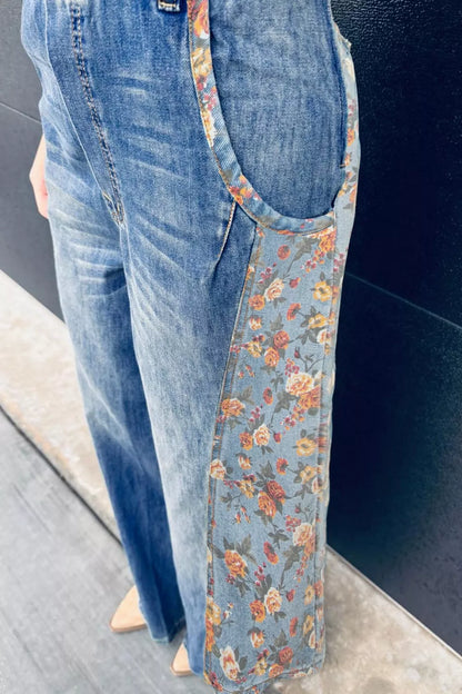 Vintage Rose Printed Pleated Loose Denim Overall