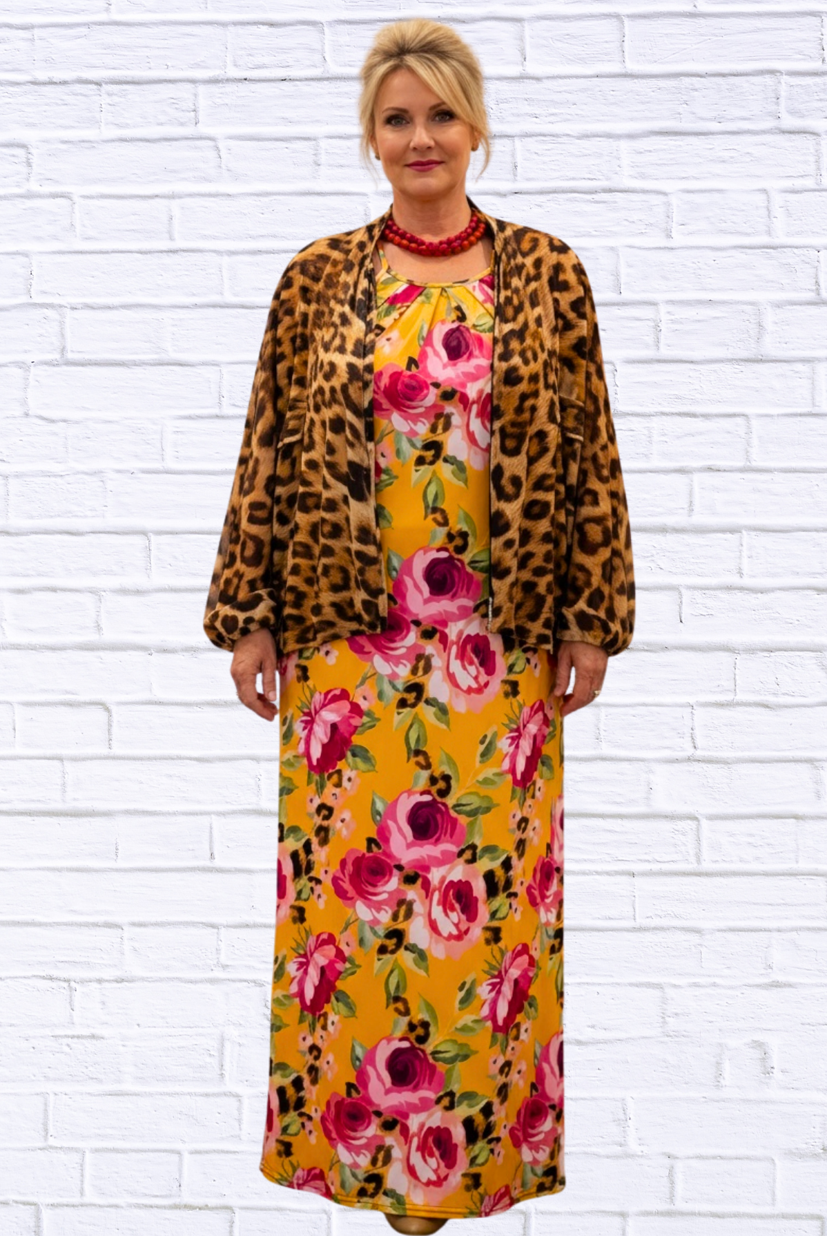Demi Column Maxi Dress - Tangerine/Cerise Pink / Animal Combo