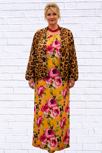 Demi Column Maxi Dress - Tangerine/Cerise Pink / Animal Combo
