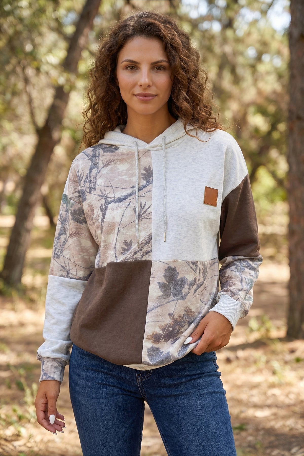 Multicolour Camo Print Drawstring Long Sleeve Western Style Hoodie