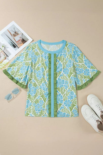 Floral Print Ruffled Color Block Trim Half Sleeve Blouse