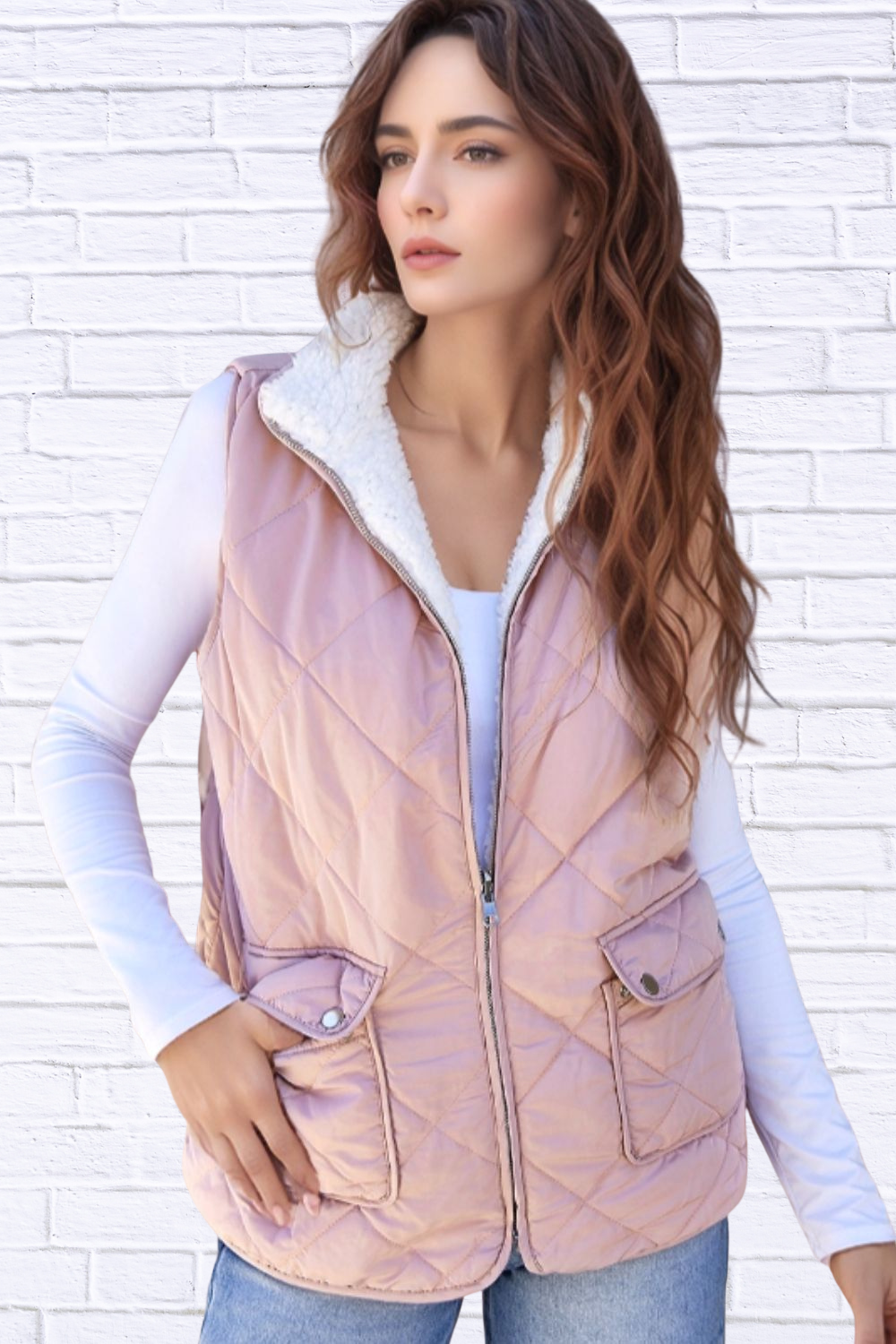 Quilted Sherpa-Lined Vest Coat Dusty Pink