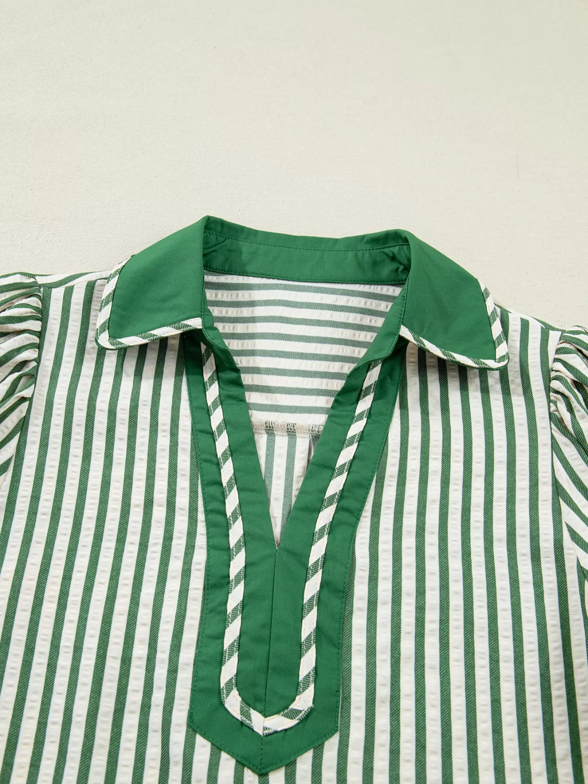 Stripe Collared Split Neck Short Bubble Sleeve Blouse
