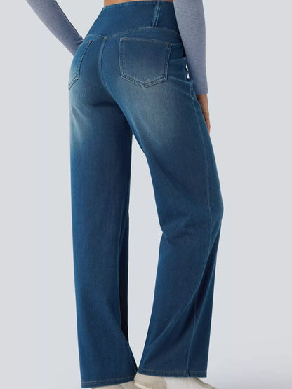 High Waisted Stretch Jeans with Crossover Waist | Straight Leg