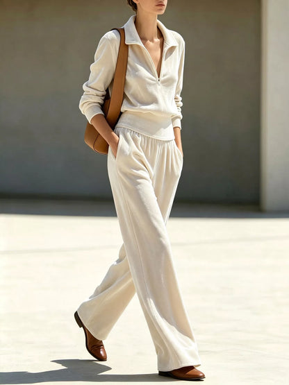 Full Size Quarter-Zip Top and Wide-Leg Pants Set Plus Size