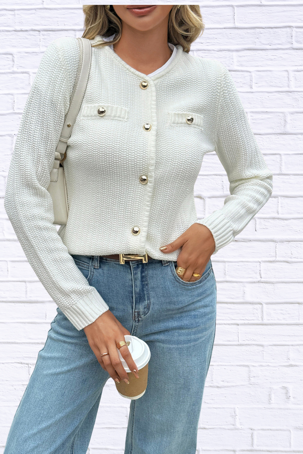 Front Ribbed Long Sleeve Cardigan White