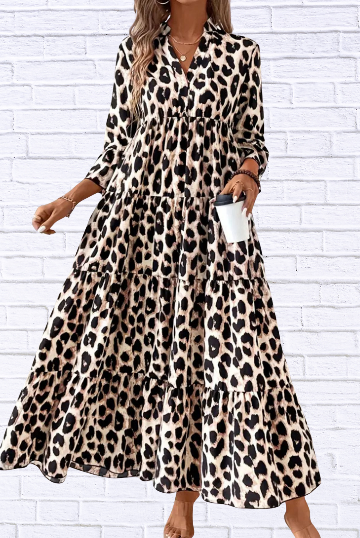 Leopard 3/4 Sleeve Midi Dress Tan