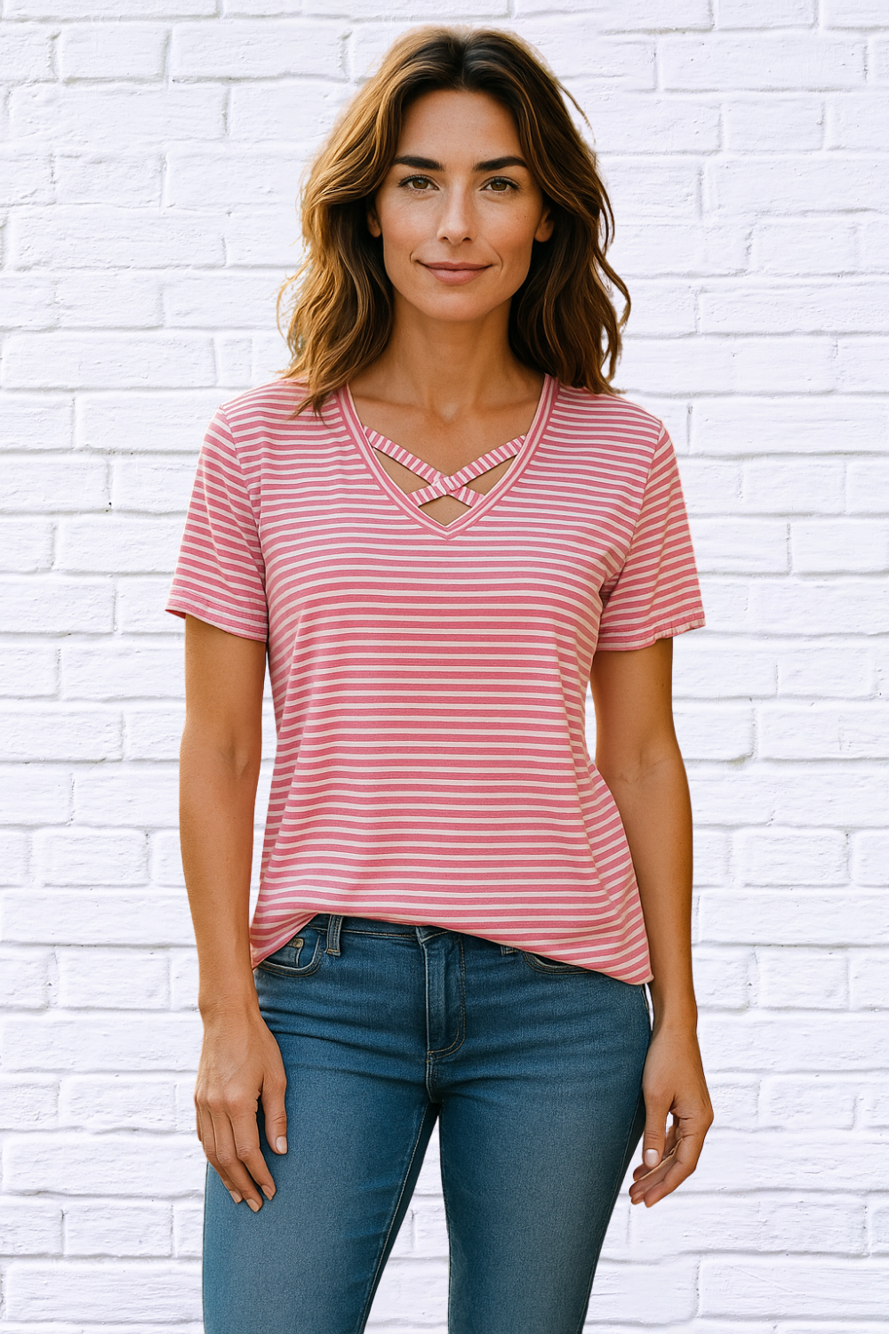 Criss Cross Neckline T Shirt - Turquoise/ White Stripe or Pink / White Stripe Pink and White Stripe