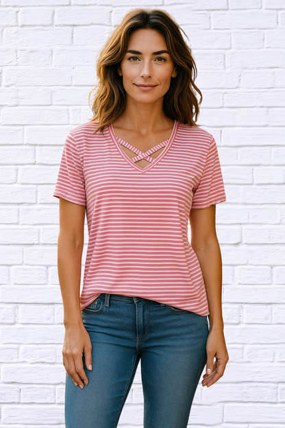 Criss Cross Neckline T Shirt - Turquoise/ White Stripe or Pink / White Stripe Pink and White Stripe