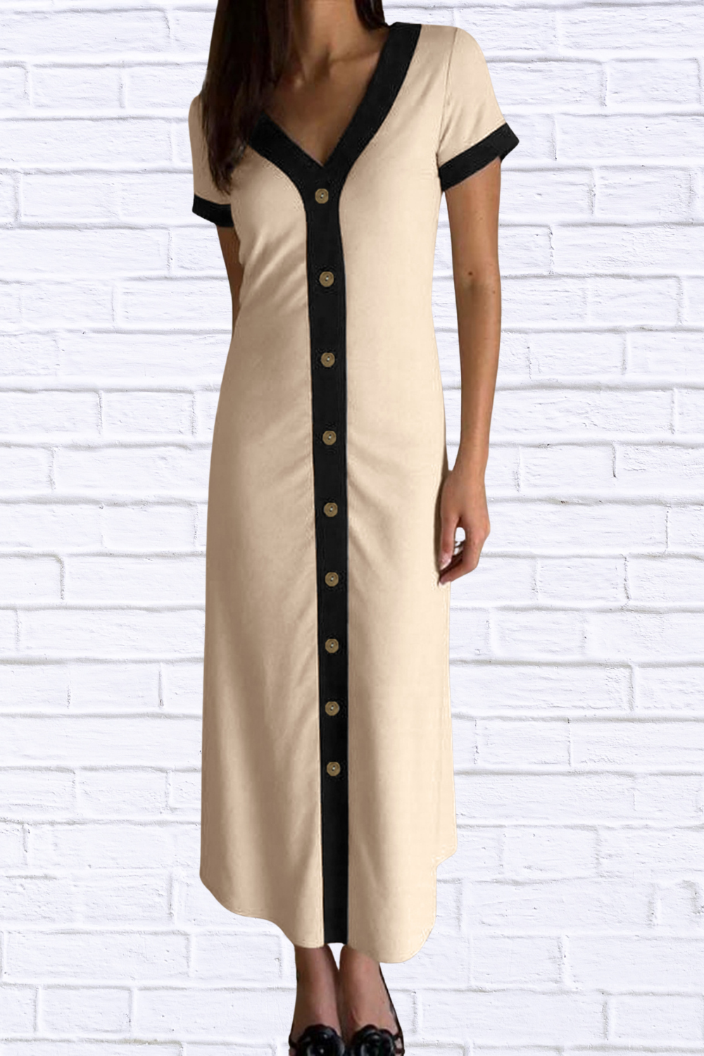 Button-Front Contrast Trim Midi Dress Tan S