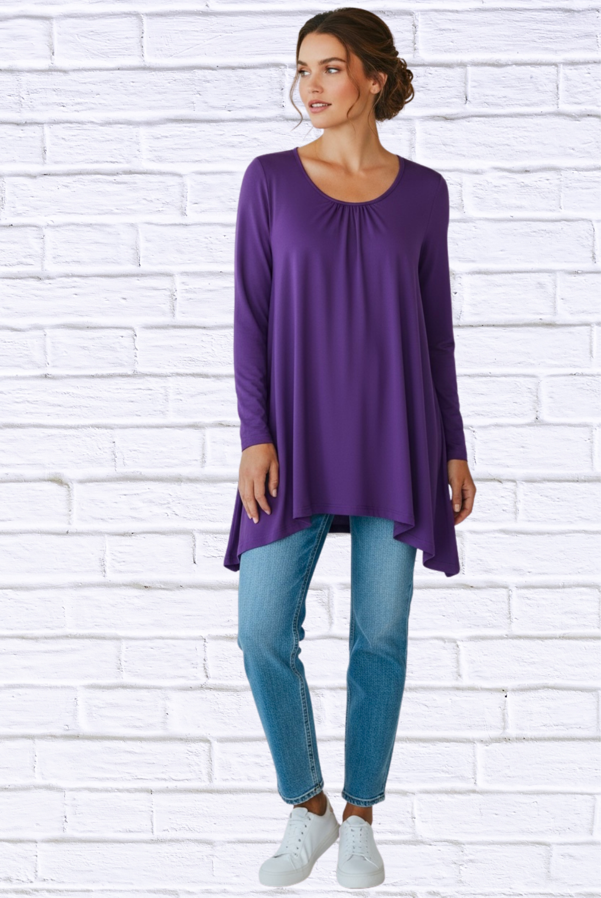 Sibella Pleated Front Long Sleeve Blouse Purple solid