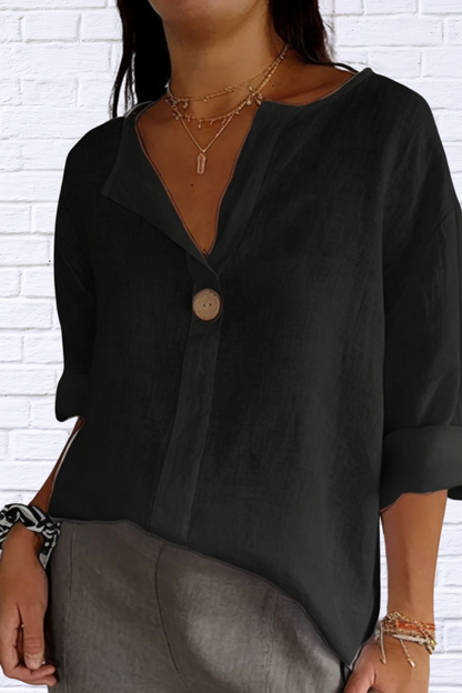 Full Size Linen Blend Notched Blouse Plus Size Navy Blue