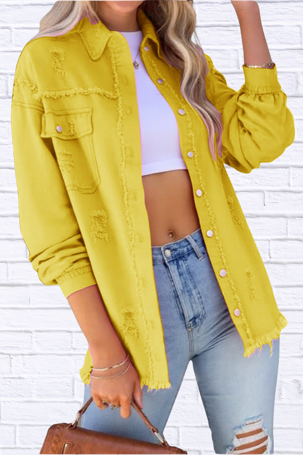Distressed Denim Jacket with Frayed Edges Yellow