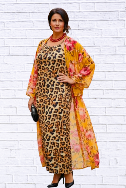 Demi Column Maxi Dress - Tangerine/Cerise Pink / Animal Combo