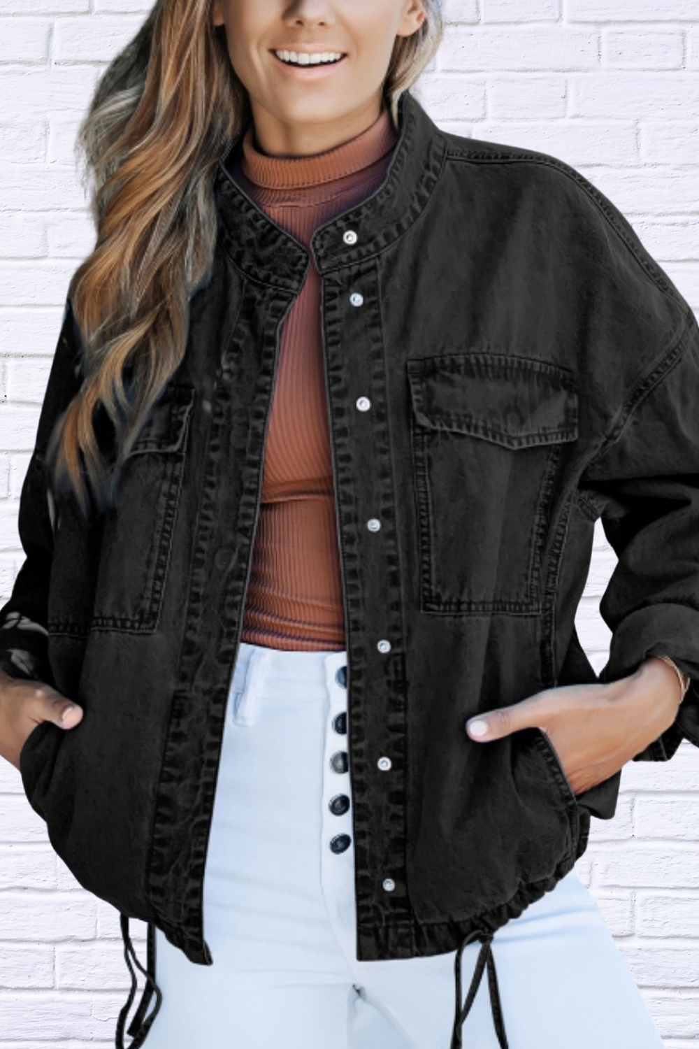 Drawstring Snap Down Denim Jacket with Chest Pockets