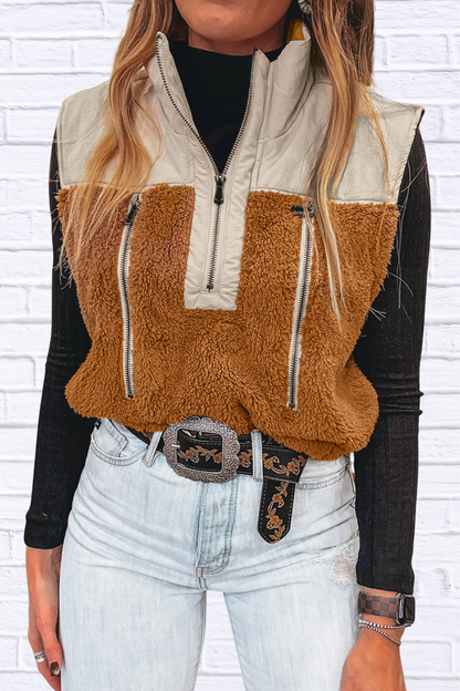 Color Block Plush Patchwork Zipper Stand Neck Vest Coat Caramel