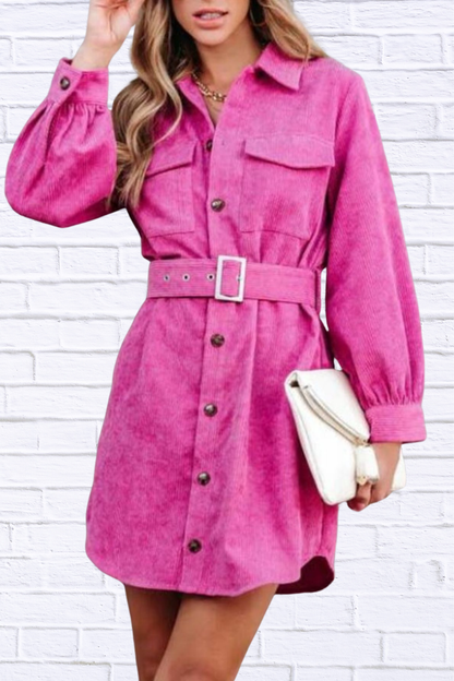 Button Front Belt Long Sleeve Corduroy Dress Rose Red