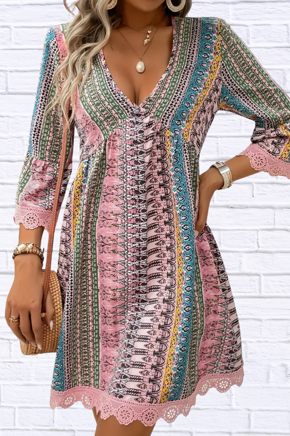Lace Trim Printed V-Neck 3/4 Sleeve Dress Blush Pink