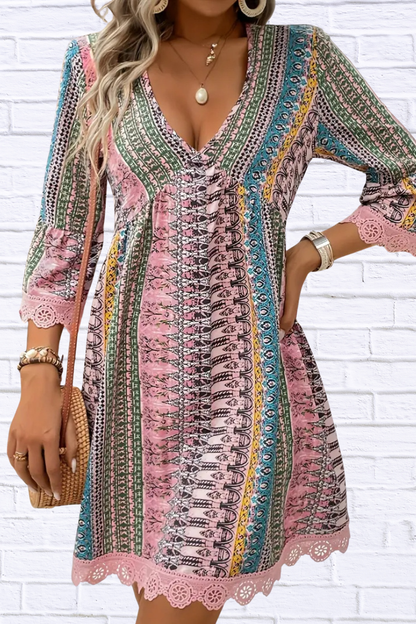 Lace Trim Printed V-Neck 3/4 Sleeve Dress Blush Pink